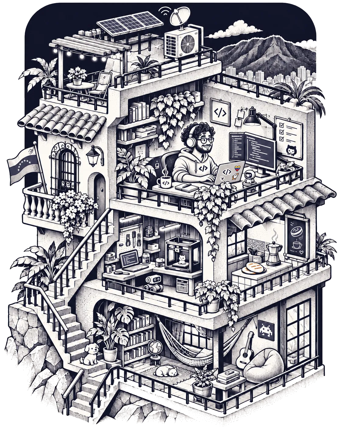 Ilustración a tinta de una casa de varios pisos en un cerro de Caracas, con el Ávila al fondo, un programador trabajando, un taller, una cocina con arepas y una hamaca.